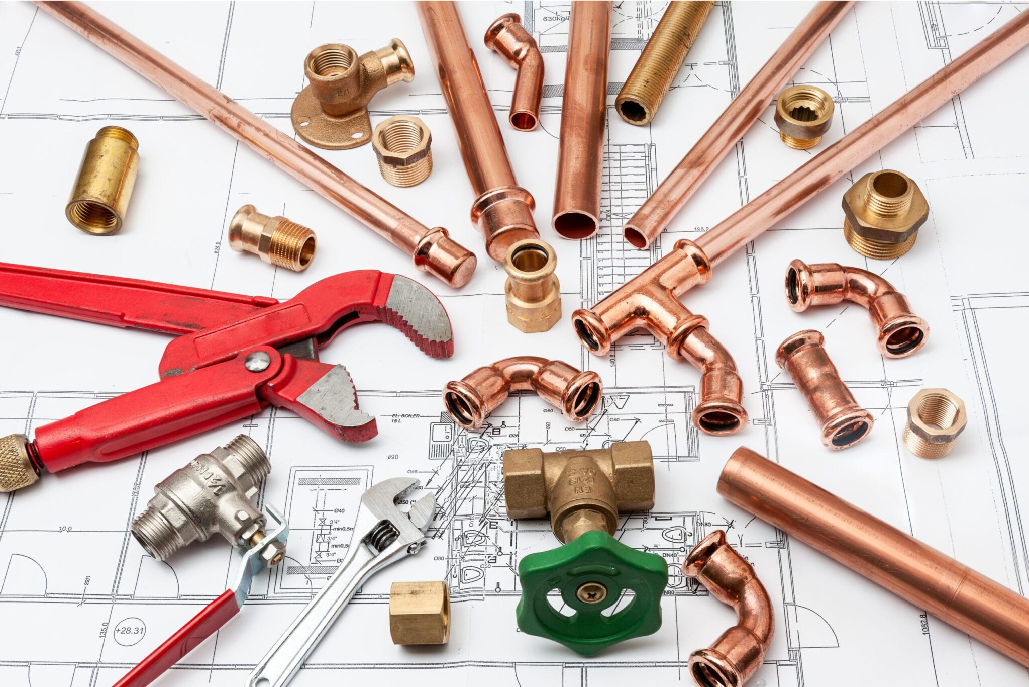 Copper pipes, fittings, valves, and plumbing tools in Peachtree City