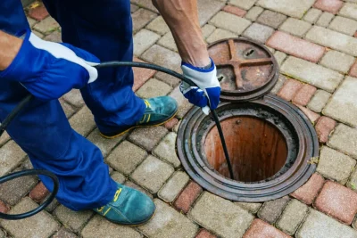Plumber cleaning an outdoor sewer drain in Peachtree City