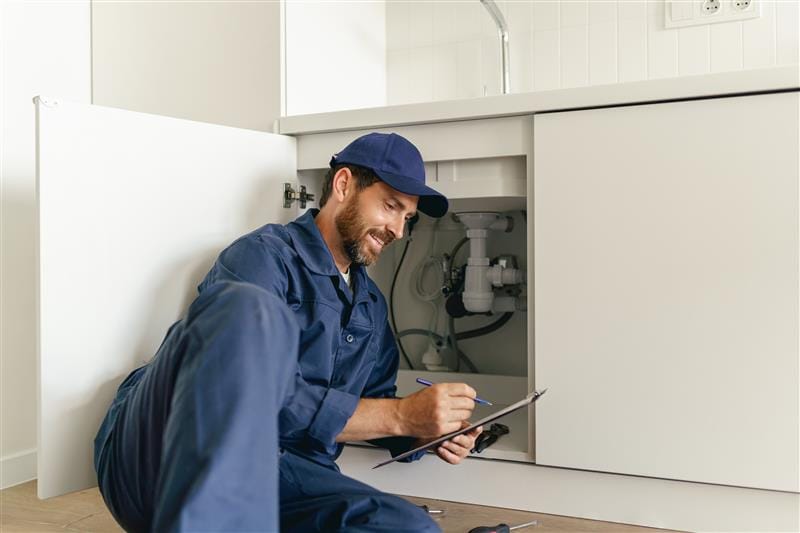 Residential plumber reviewing plumbing repairs in a Peachtree City kitchen
