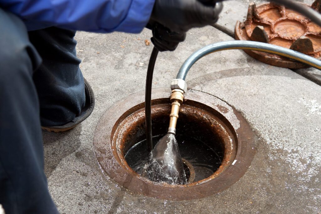 Plumber hydro jetting a sewer line through a manhole in Peachtree City