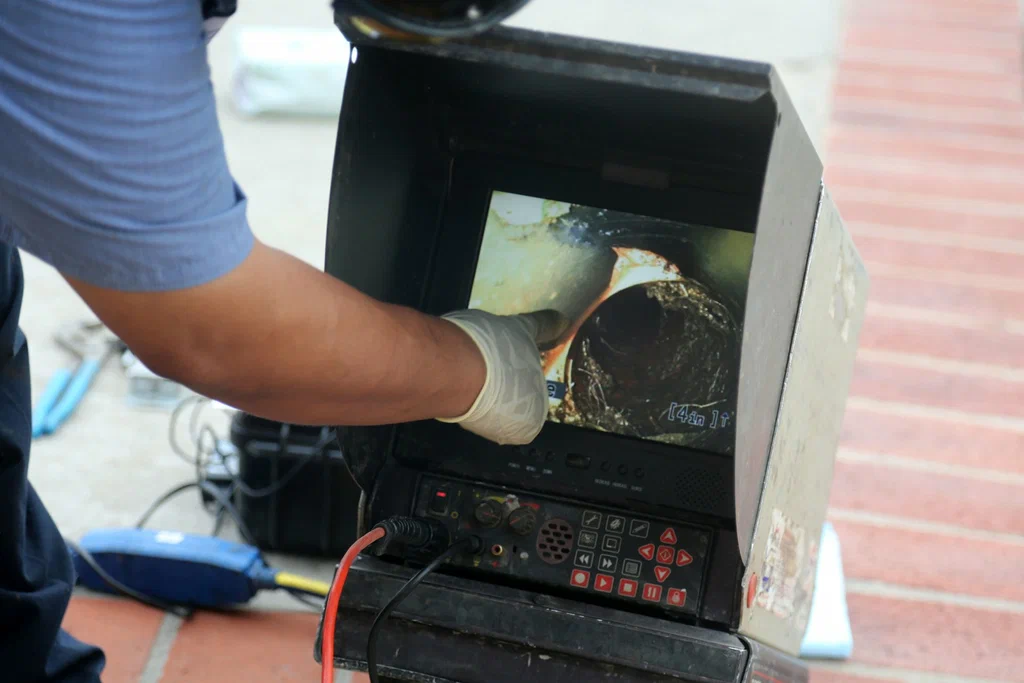 Technician viewing a drain inspection camera in Peachtree City
