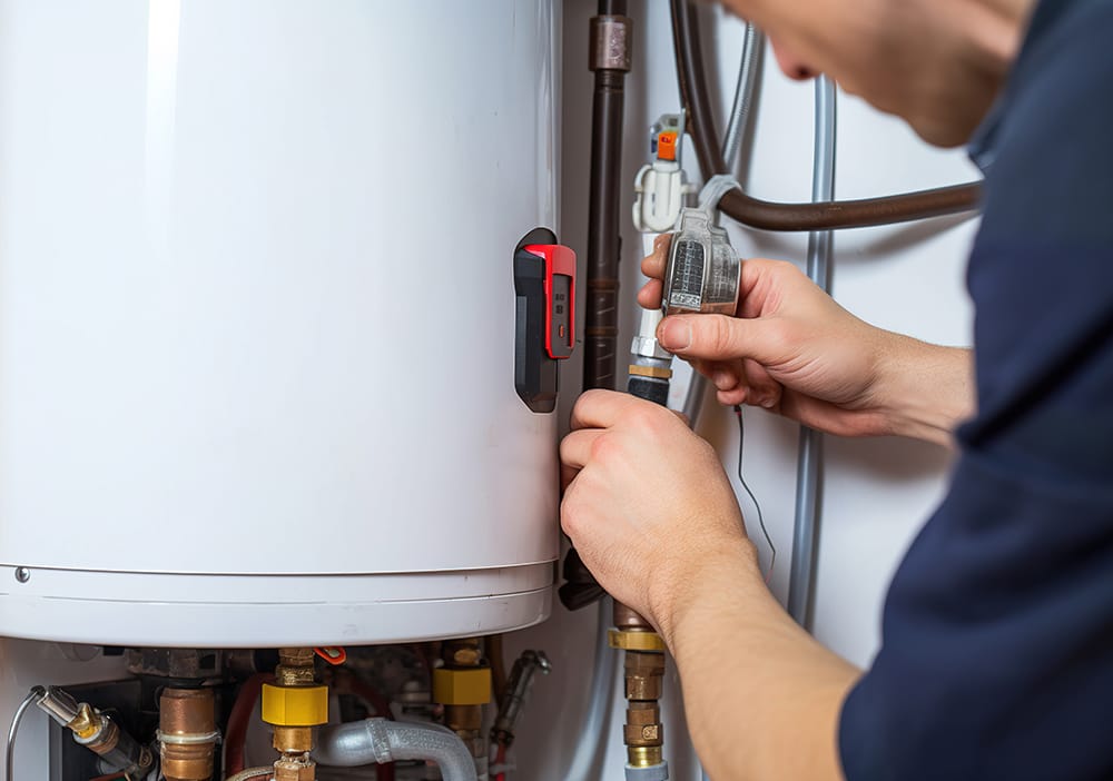 Technician repairing pipes connected to a water heater in Peachtree City